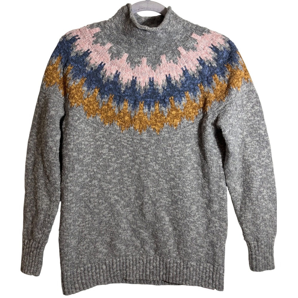 L.L. Bean Women's Cotton Ragg Funnel neck Fair Isle Pullover Sweater Gray Size M